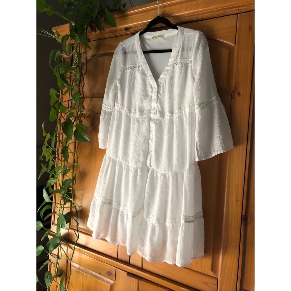 indigo Rose White Boho Tiered Dress Lace Button Front Size M - Picture 4 of 13